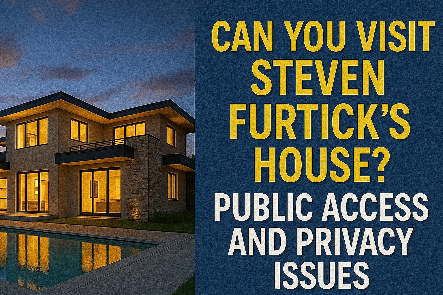 Modern mansion lit at twilight beside bold text about public access and privacy issues
