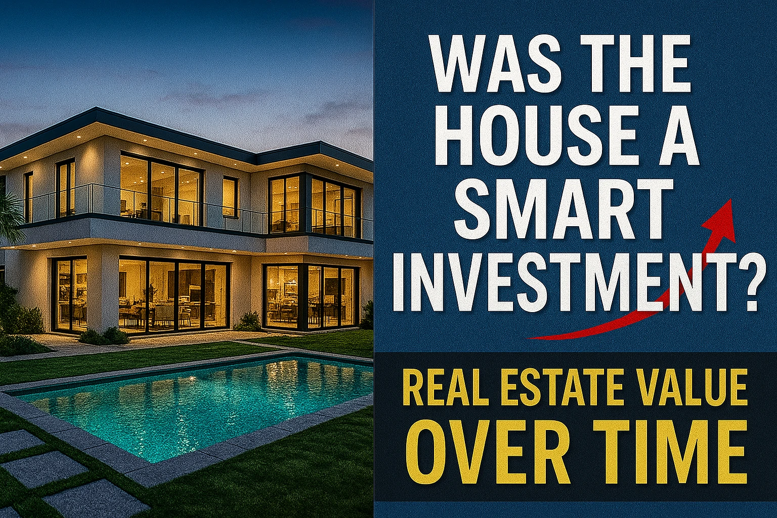 Modern mansion with glowing windows and pool beside text about real estate value over time
