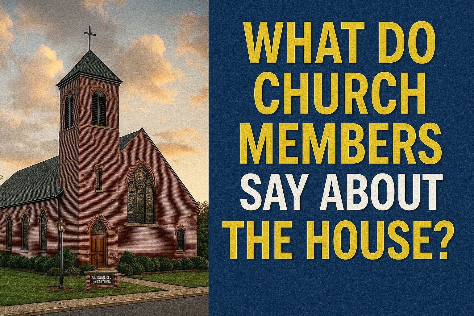 Photo of a brick church with bold text asking what church members say about the house