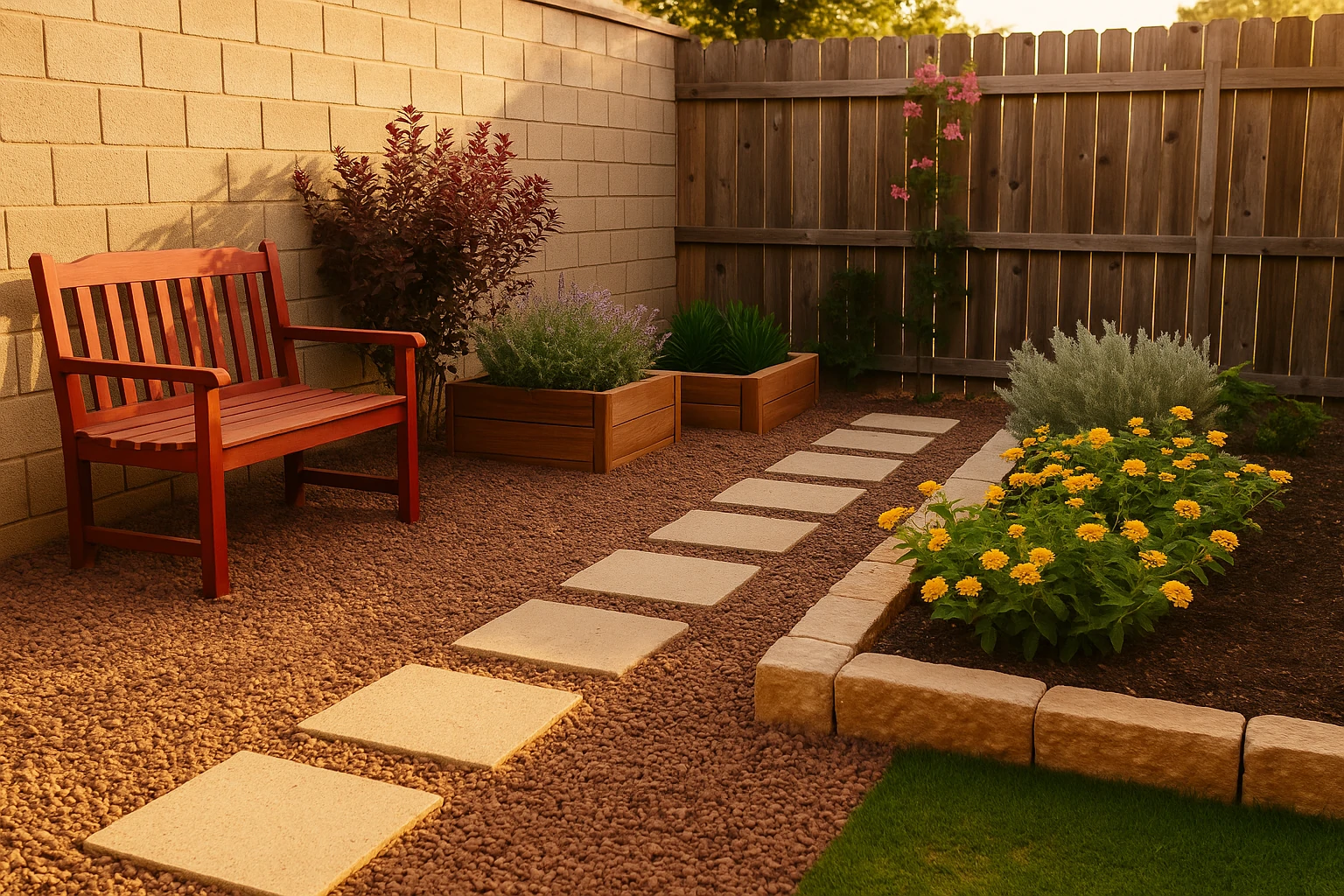 Compact Texas yard with mulch, pavers, planters, and drought-tolerant flowers