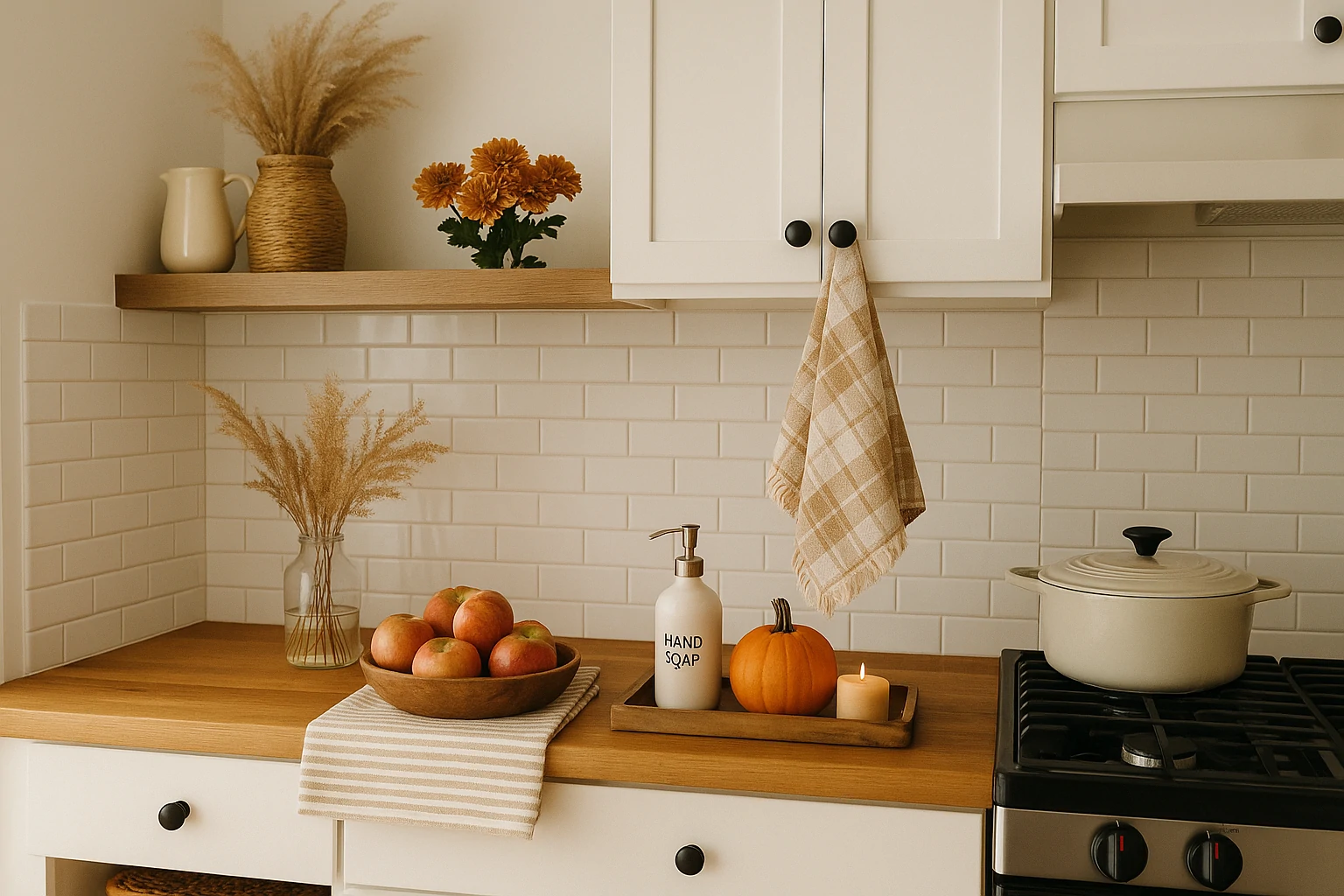 Cozy kitchen with fall-themed decorations like pumpkins, copper accents, and warm lighting