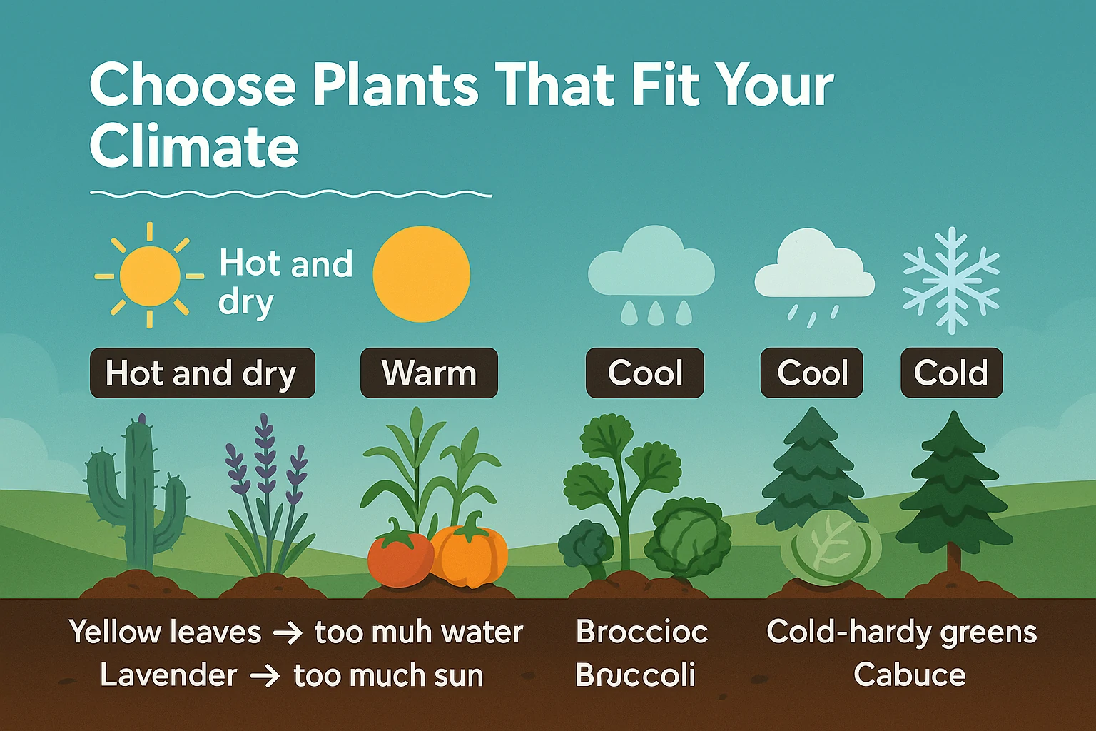 Infographic showing how to choose the right plants for different climate zones with icons of sun, rain, snow, and plant types.