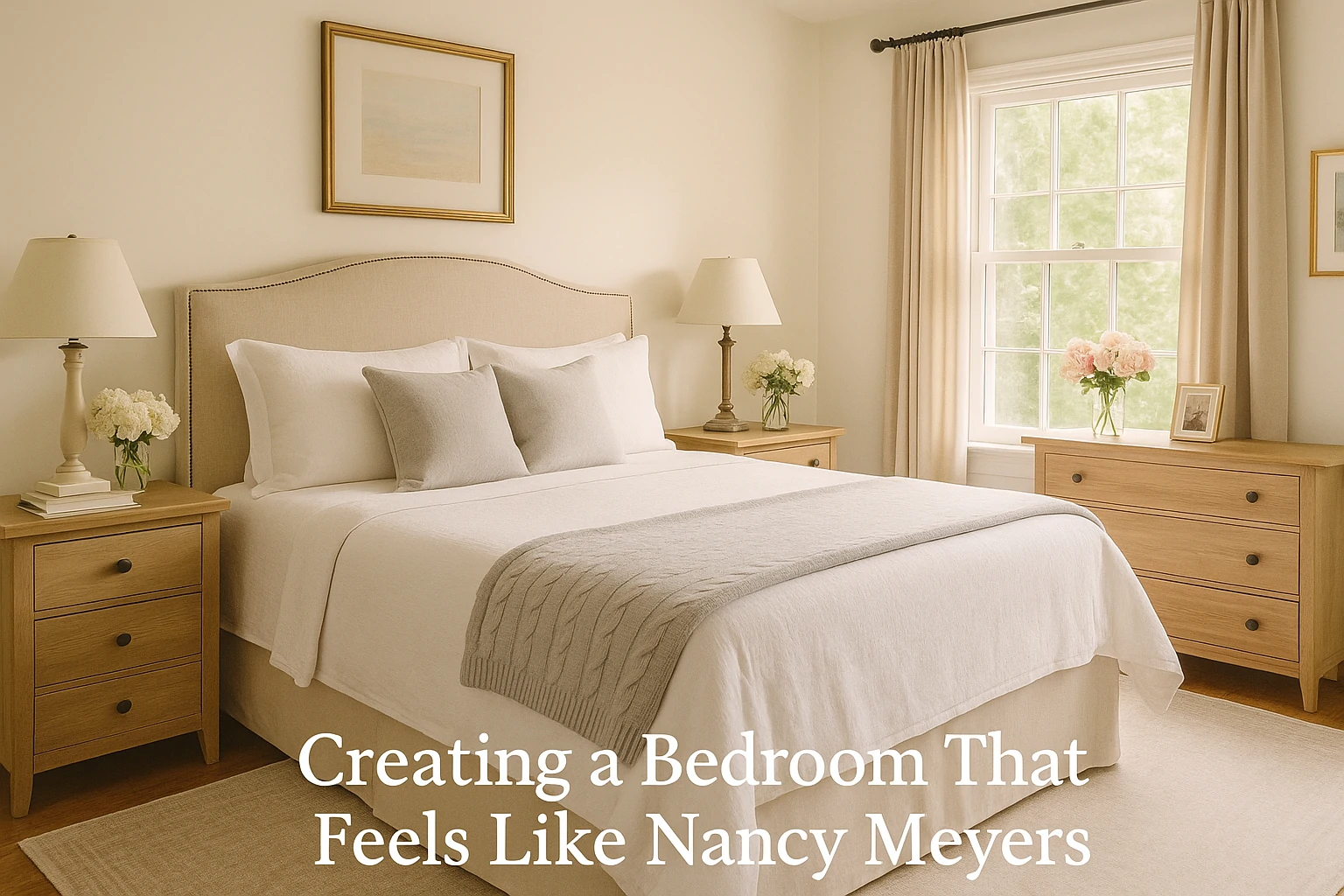 Elegant Nancy Meyers-style bedroom with warm tones, soft fabrics, and layered textures.