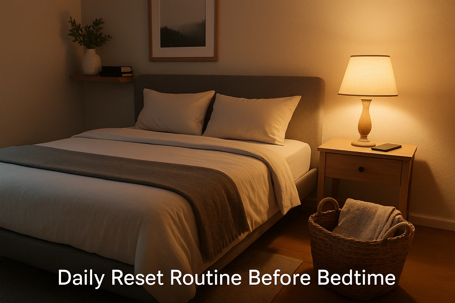 3D cinematic image of a cozy bedroom with soft evening light, a made bed, and a bedside lamp creating a calm mood.