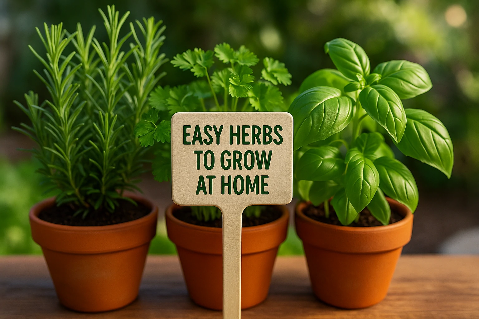 Three potted herbs, basil, mint, and rosemary, placed on a sunny windowsill.
