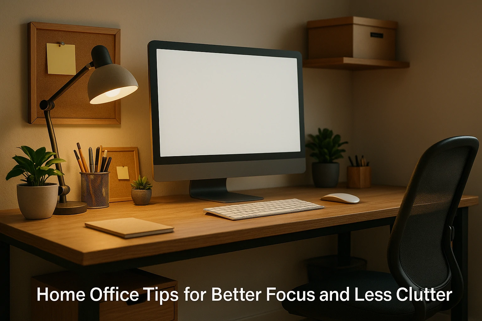 3D cinematic image of a minimalist home office with a clean wooden desk, soft lamp light, and organized shelves.