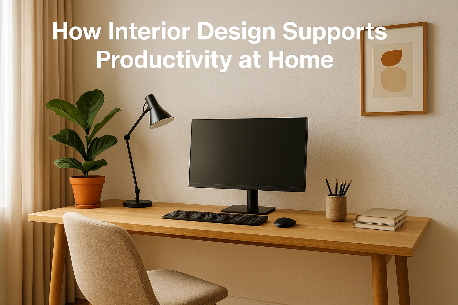 A modern, sunlit home office with ergonomic furniture and calming decor that boosts productivity