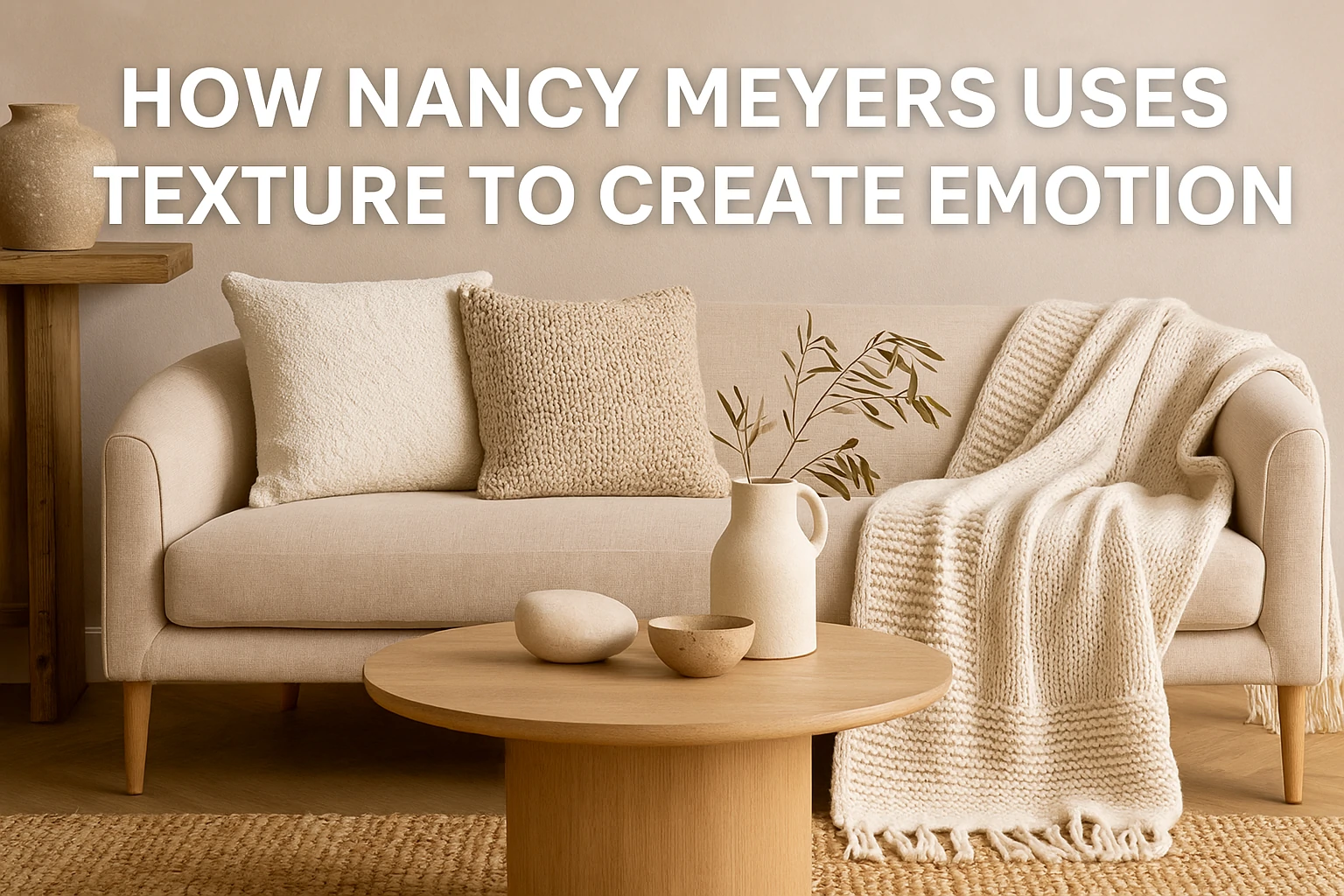 Living space featuring layered fabrics, soft lighting, and textured décor inspired by Nancy Meyers.