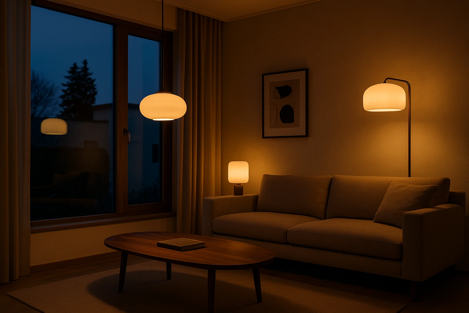 Warm modern living room at twilight illuminated by Ronin Stegner style lighting