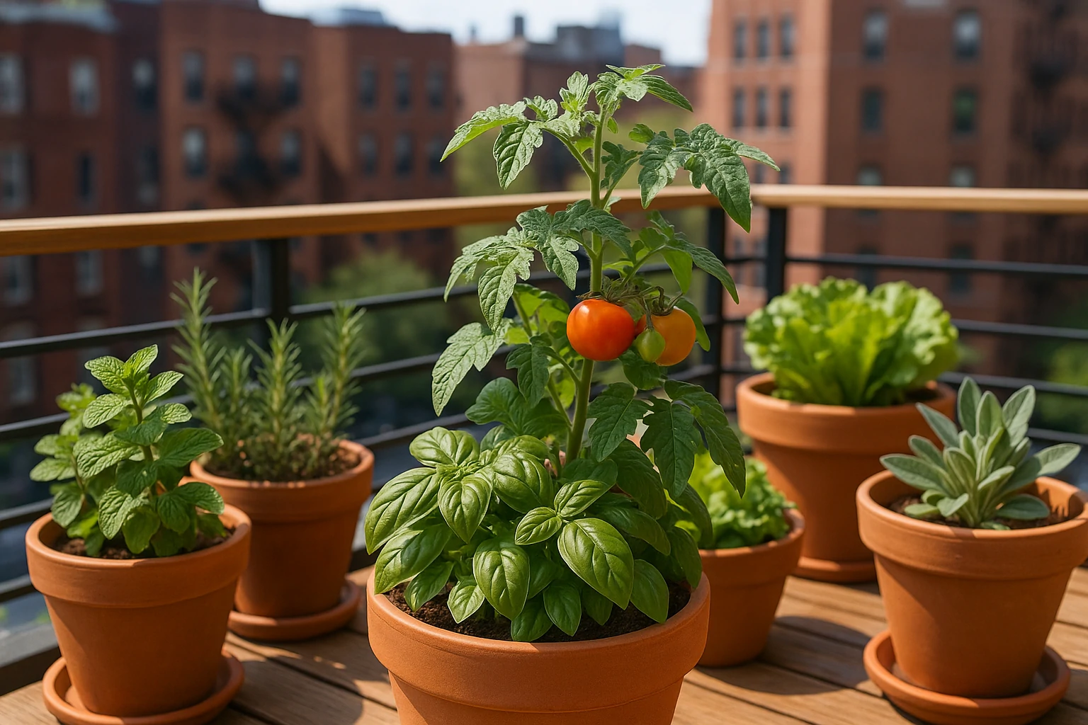 Potted herbs and vegetables growing on a city apartment balcony garden