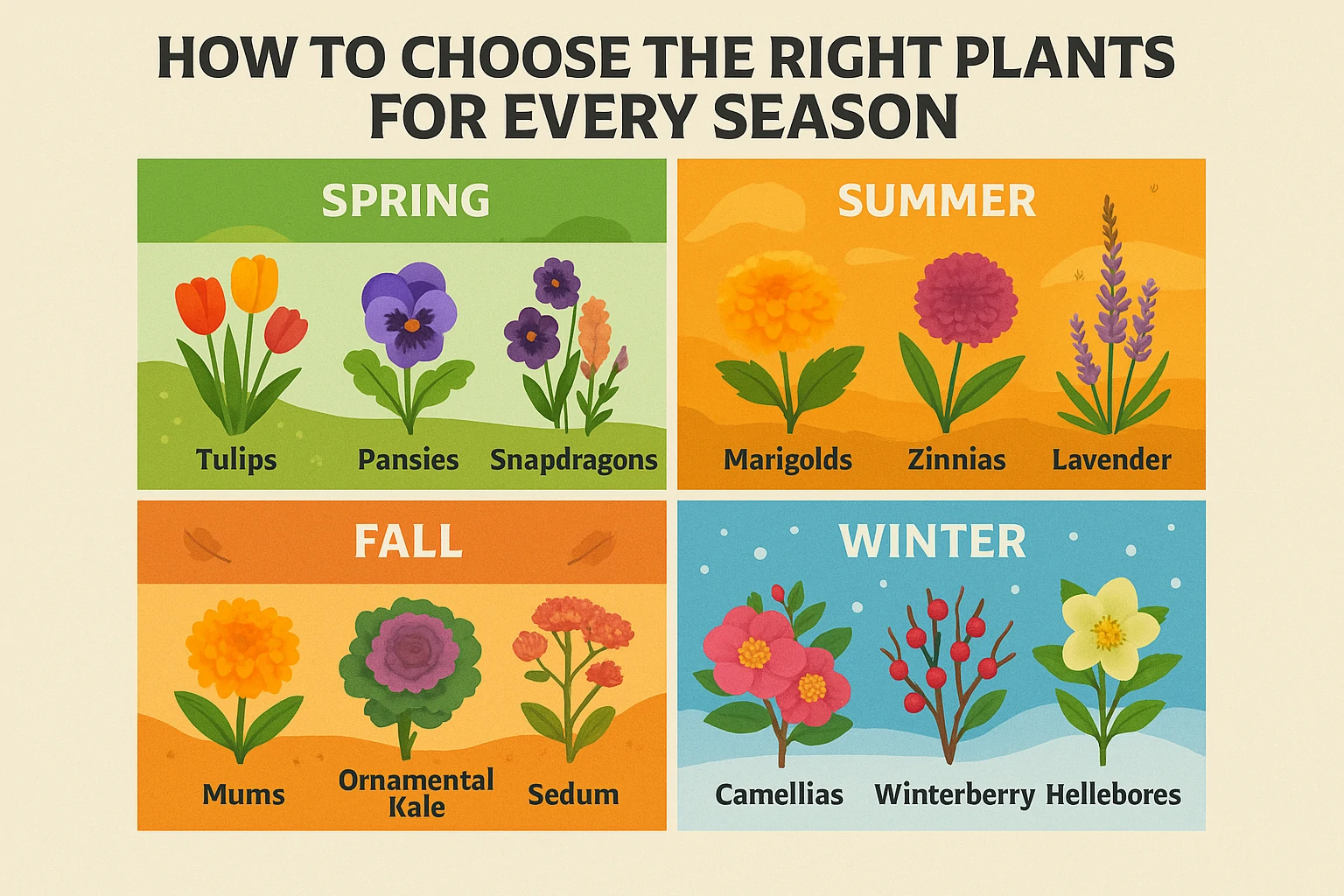 Infographic showing plant options for spring, summer, fall, and winter with seasonal icons and garden visuals