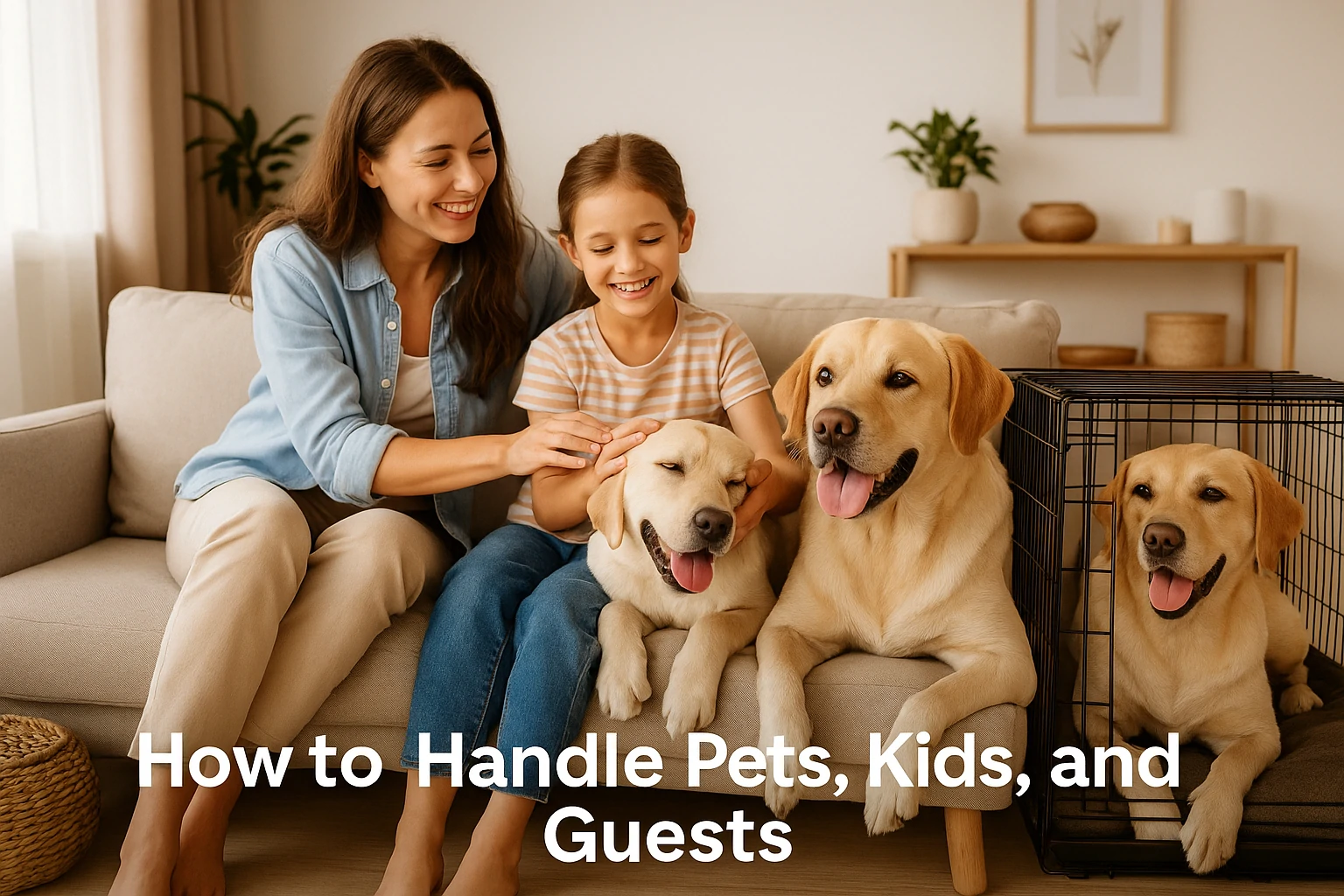 A warm living room scene showing a mother watching her children play while a dog lounges nearby, creating a peaceful and welcoming environment.