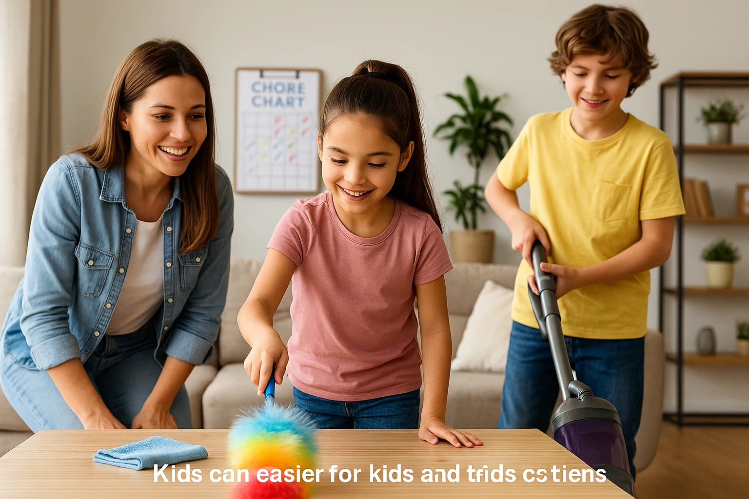 Mother guiding children through easy household chores in a cozy living room