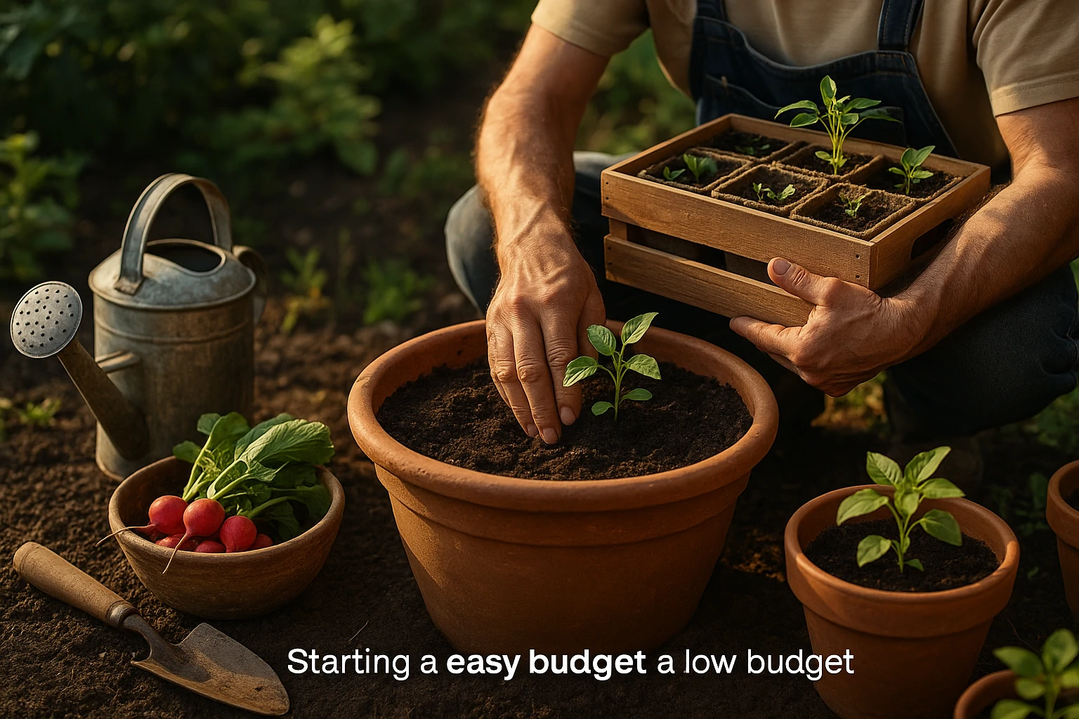 Person creating a home garden using recycled containers and simple tools