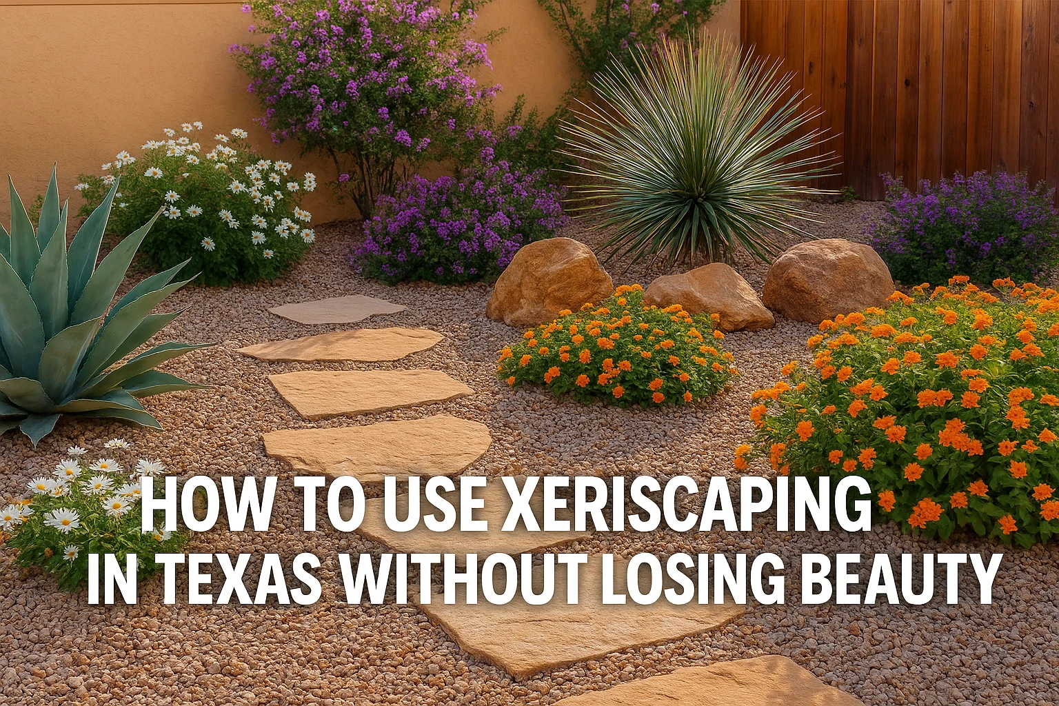 A stylish xeriscaped front yard in Texas with native plants, rocks, and minimal grass.