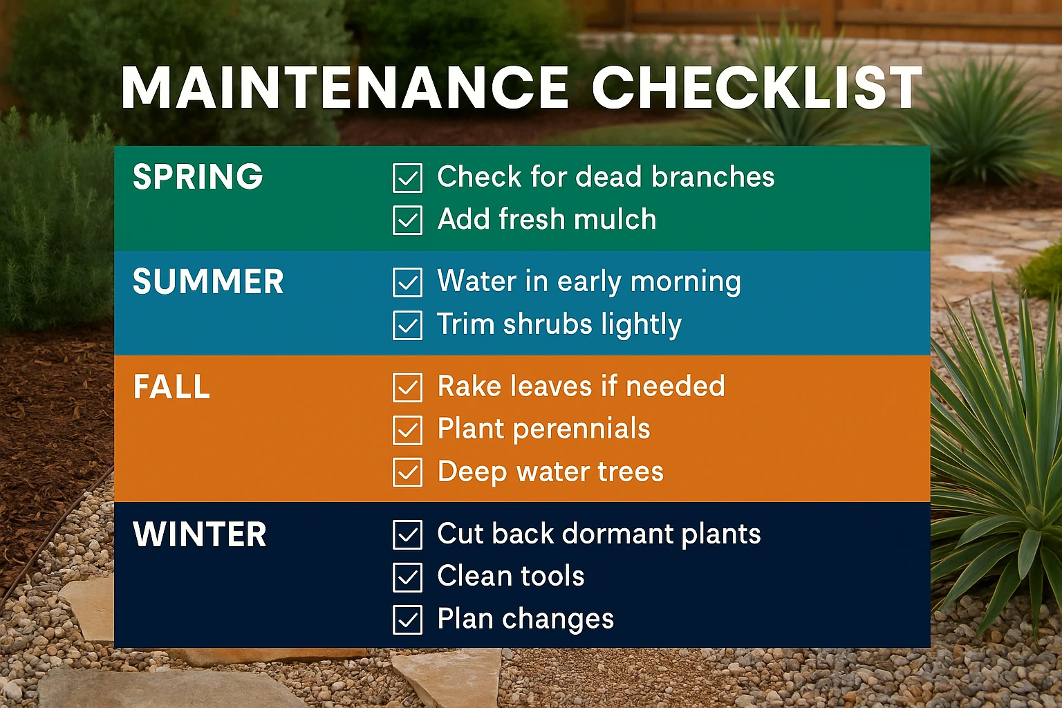 Seasonal gardening checklist showing spring, summer, fall, and winter maintenance tasks.