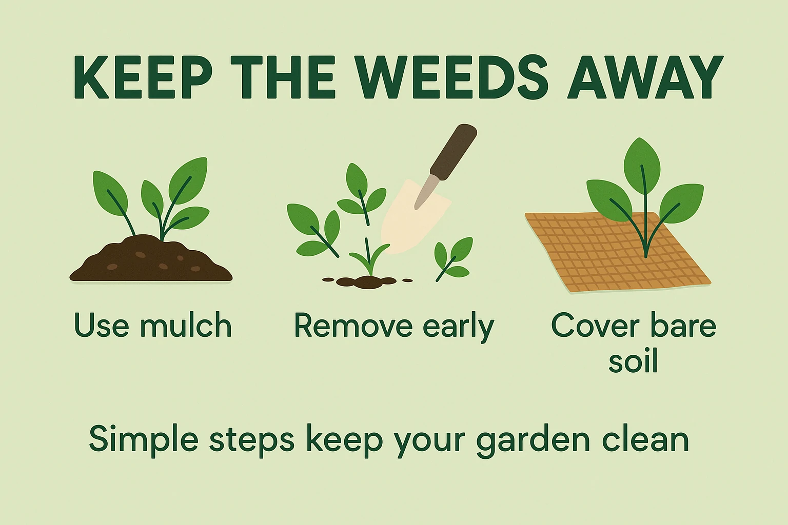 Illustration of a gardener pulling weeds from a garden bed to keep plants healthy