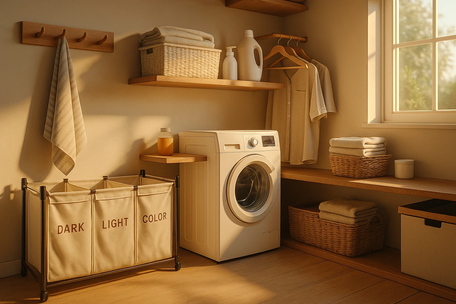 3D cinematic image of a modern laundry room with washer, dryer, wooden shelves, and baskets in warm sunlight.