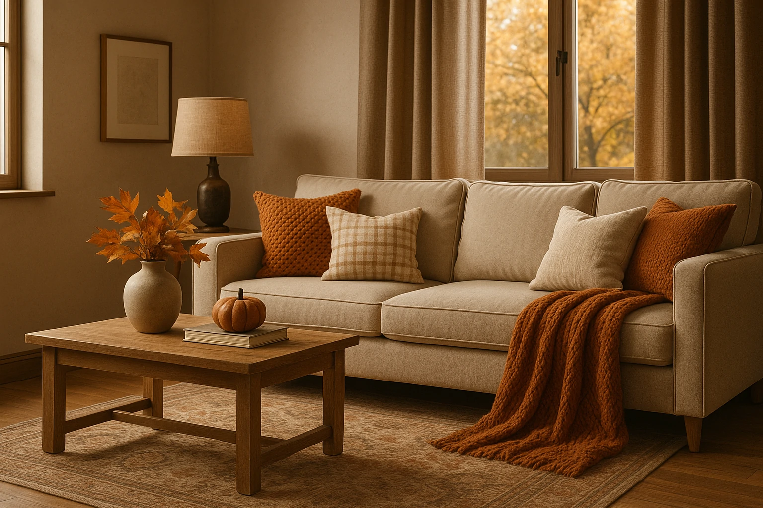 Layered living room with throw blankets, pillows, and a textured rug adding warmth and depth