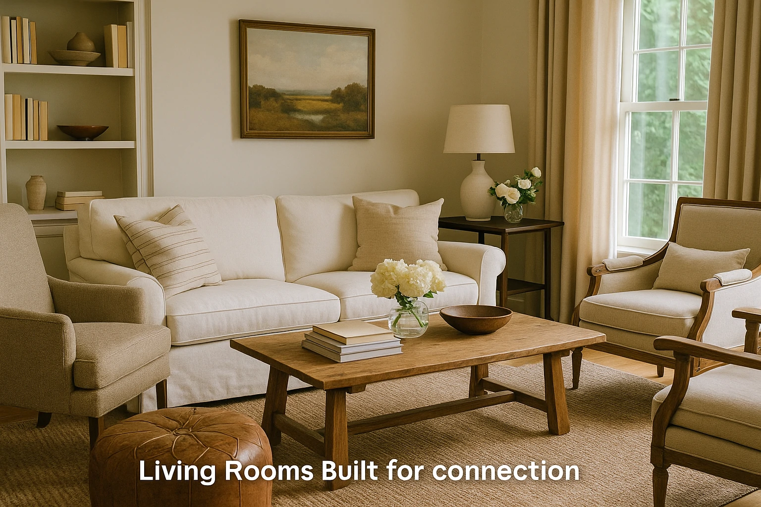 A warm, inviting living room with two sofas facing each other, large windows, and soft lighting for intimate gatherings.