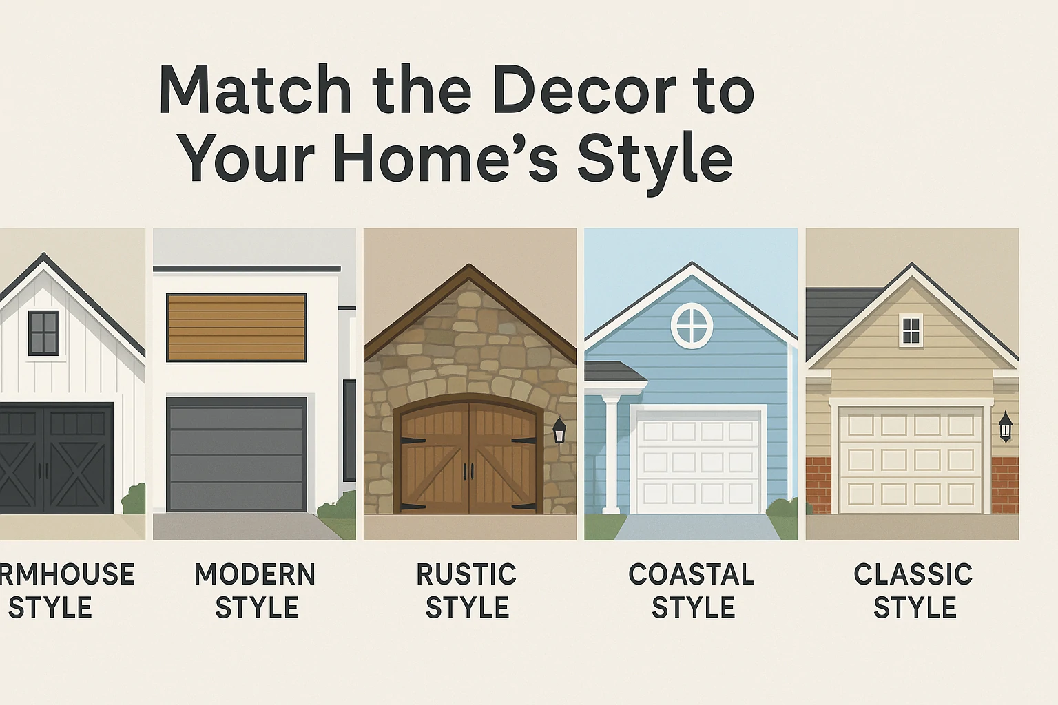 Five illustrated house styles, farmhouse, modern, rustic, coastal, and classic, lined up under the heading