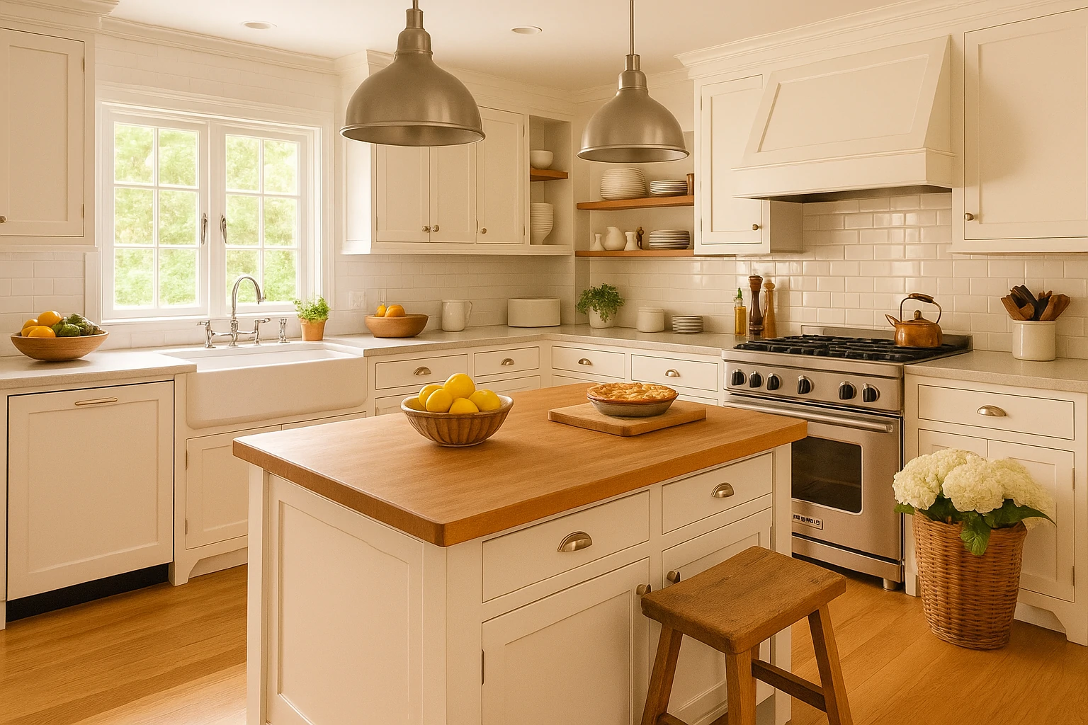 A spacious white kitchen inspired by Nancy Meyers with marble countertops, vintage lighting, and cozy decor.