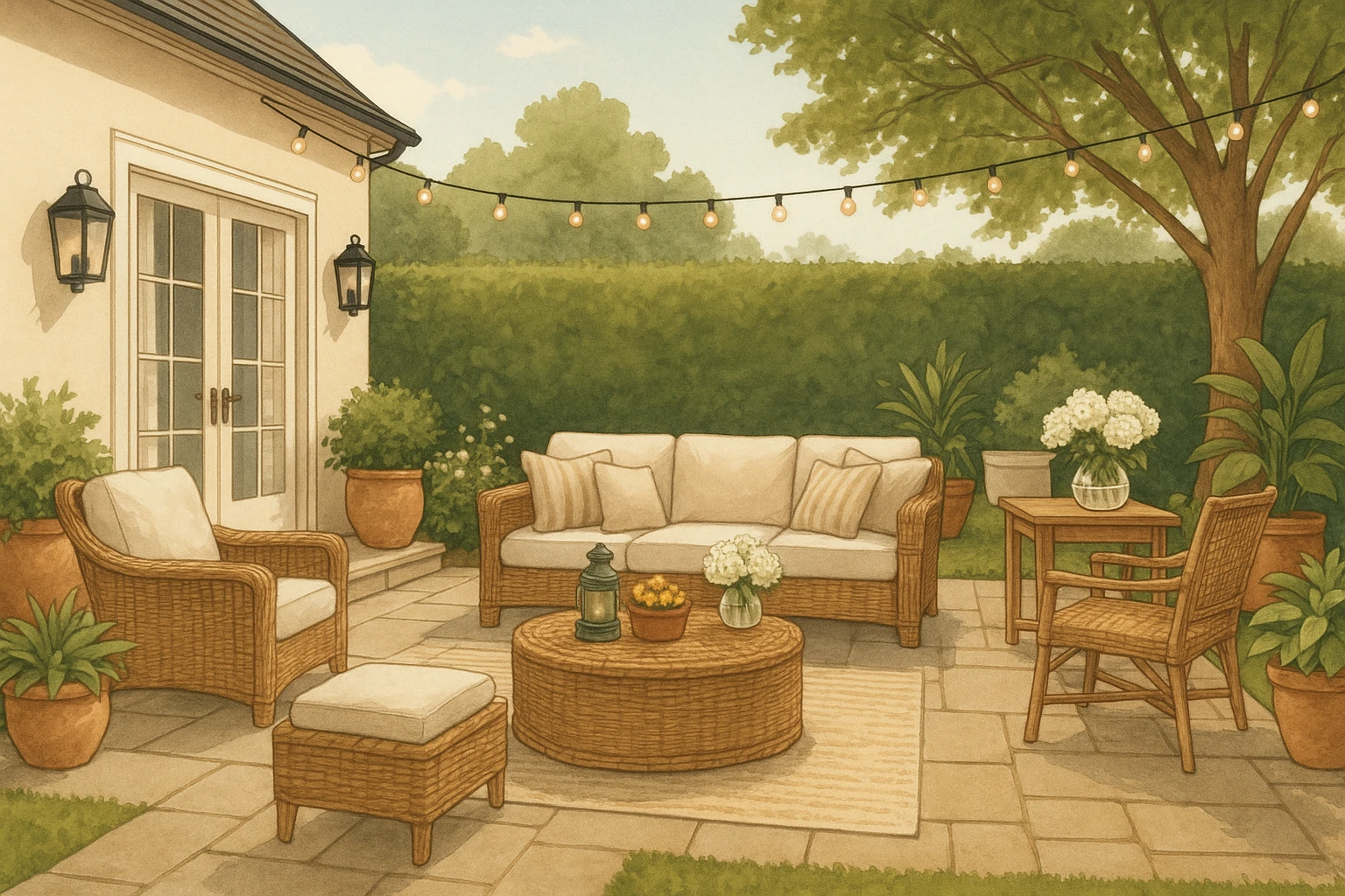 Outdoor living space with cozy seating, soft lighting, and natural greenery