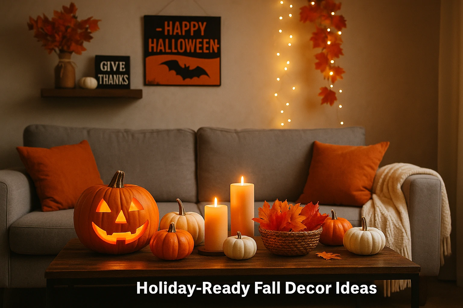 A living room decorated with pumpkins, candles, and garlands blending Halloween and Thanksgiving themes.
