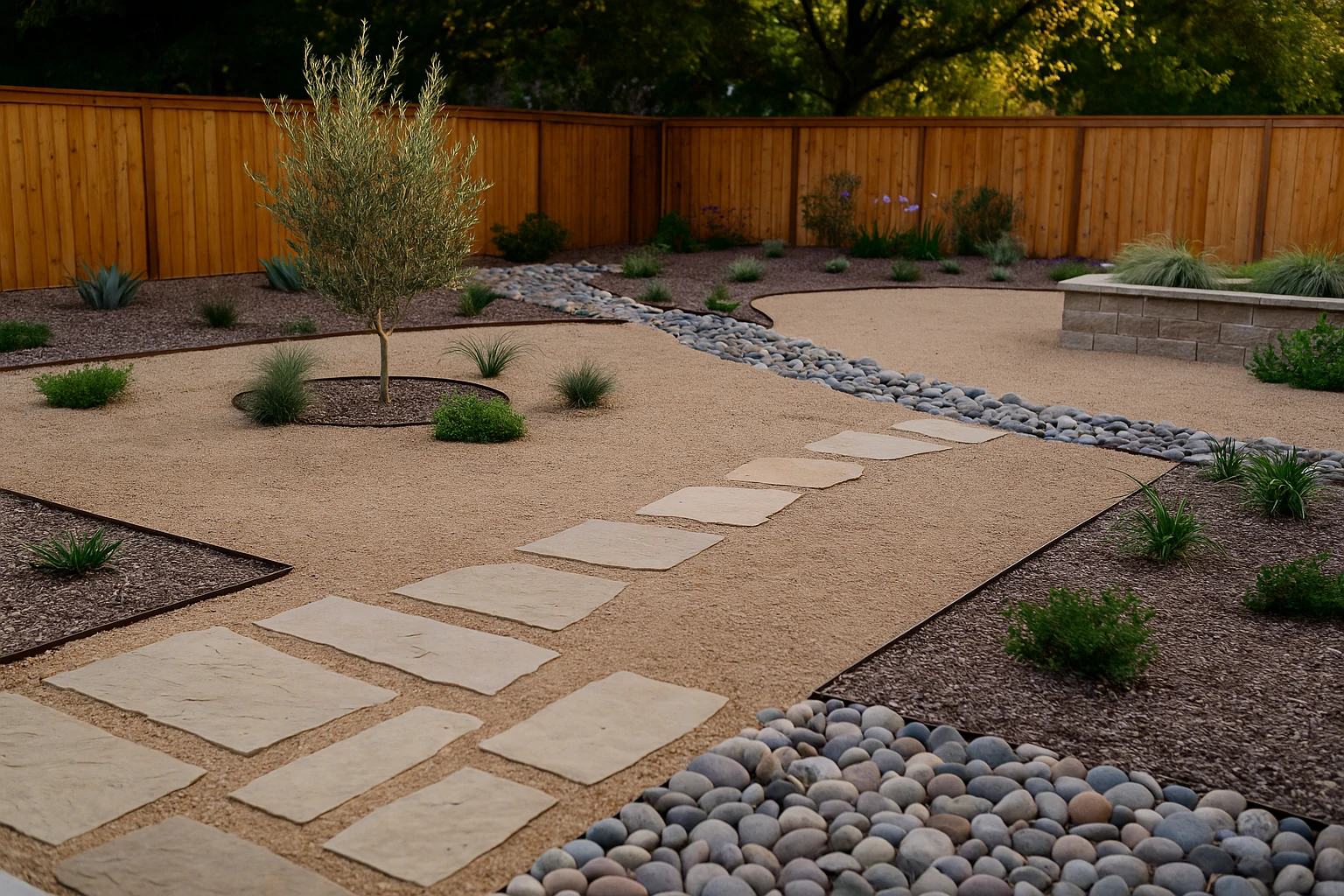 Low maintenance Texas yard with gravel, flagstone path, dry riverbed, and olive tree