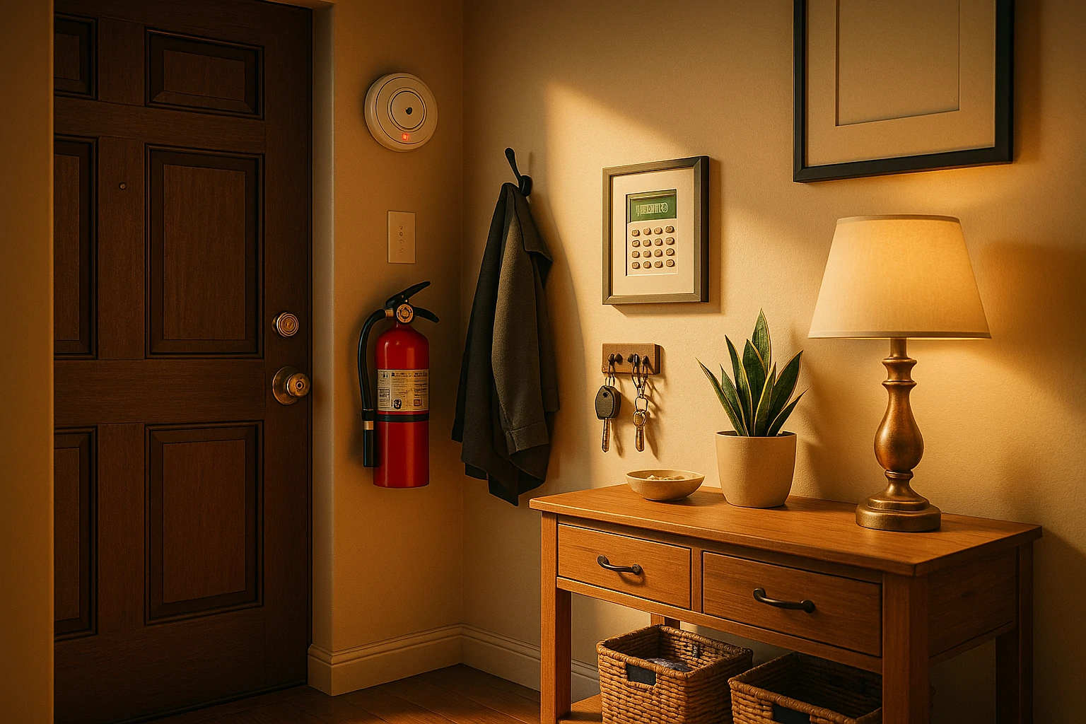 3D cinematic image of a secure home entryway with smoke detector, fire extinguisher, and alarm panel in warm light.