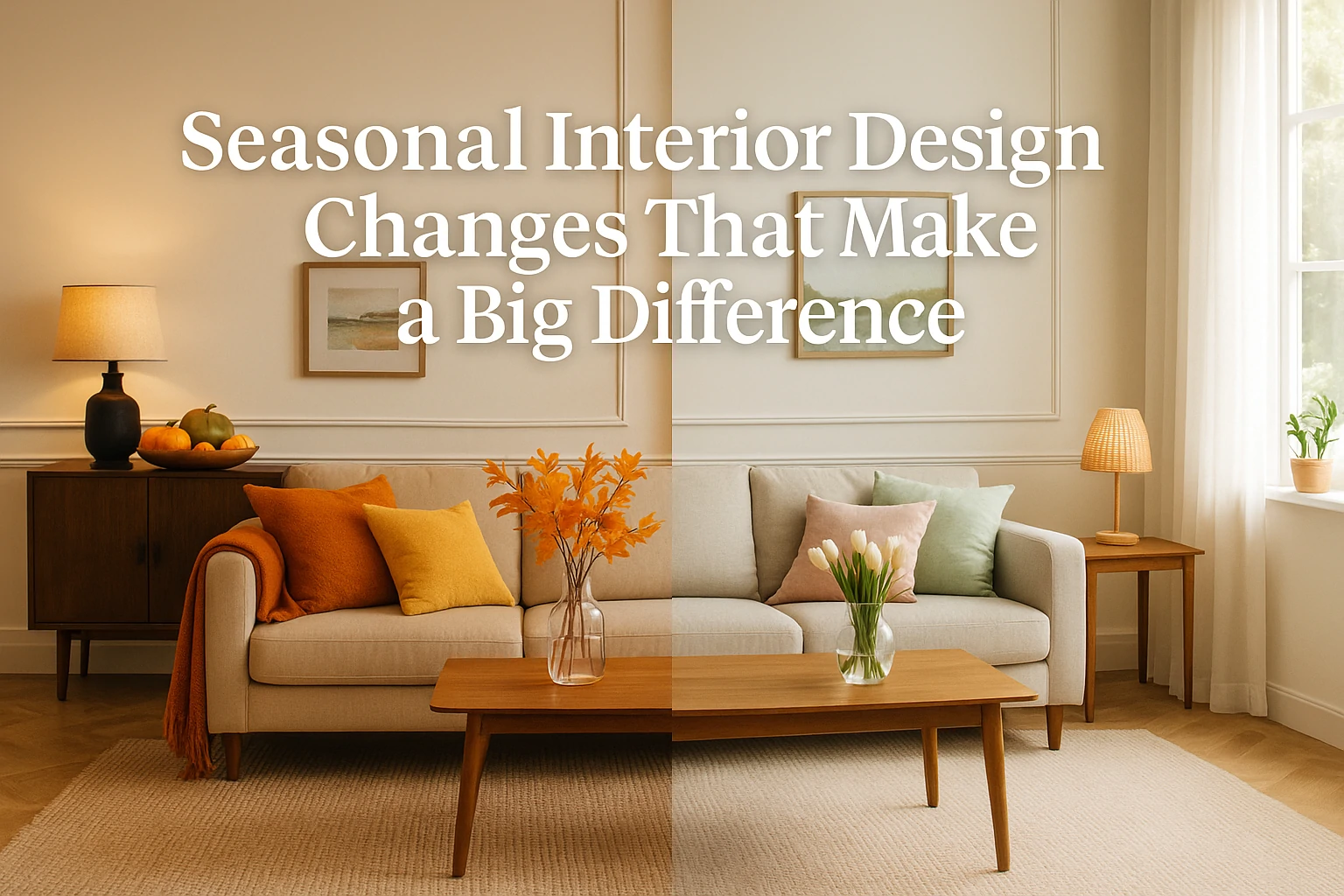Split view of a living room showcasing autumn and spring design styles