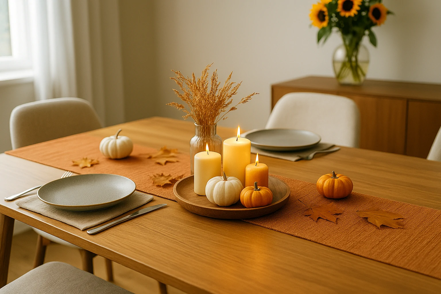 A cozy dining table set with autumn-themed decor, candles, and fall foliage.