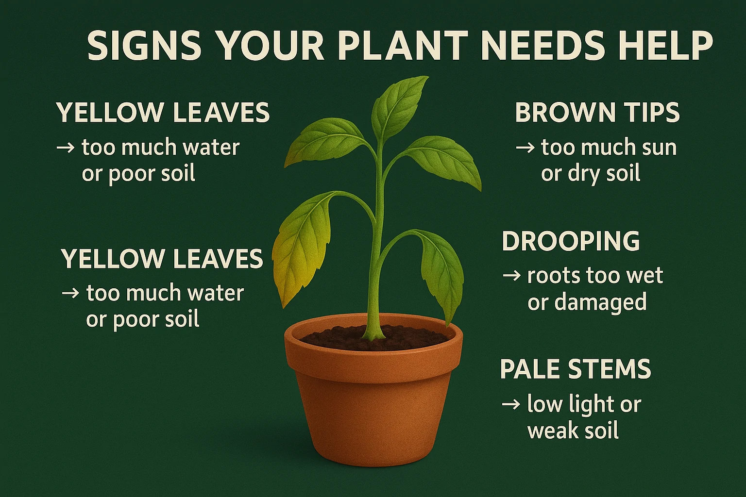 Infographic showing common plant problems with signs like yellow leaves, brown tips, drooping, and pale stems.
