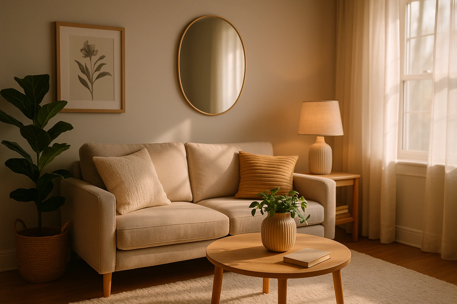 Cinematic 3D image of a cozy living room with soft light, plants, neutral tones, and modern furniture.