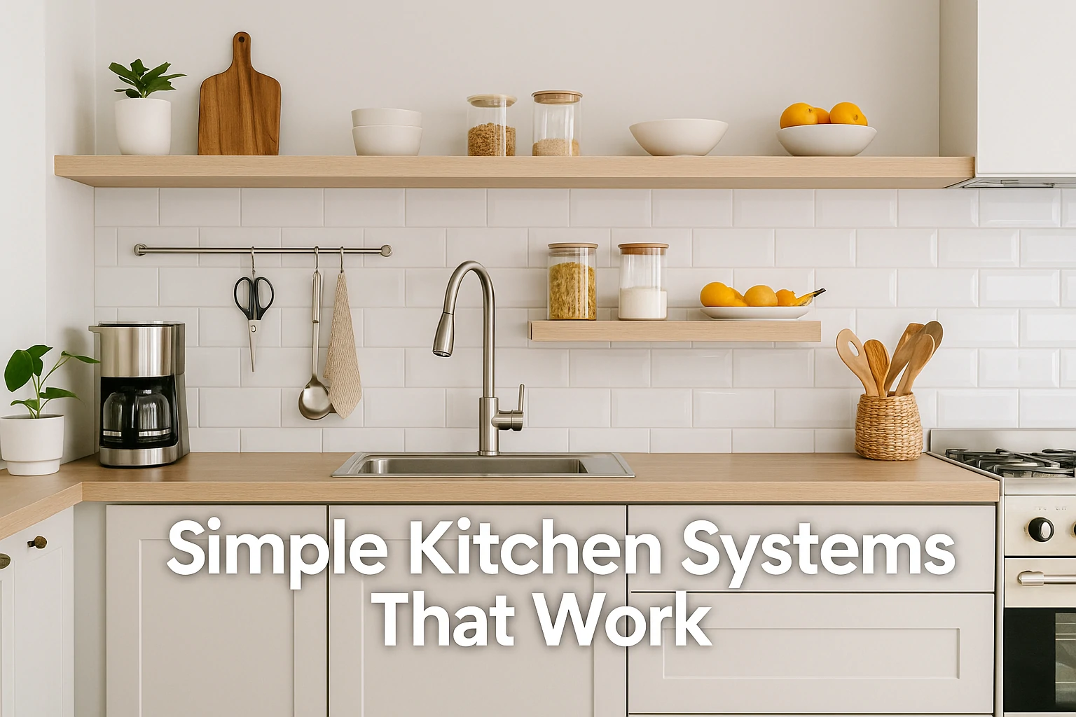 Organized modern kitchen with shelves and labeled jars