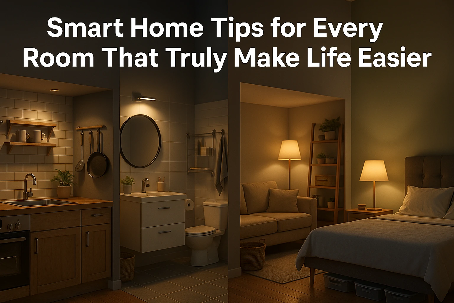 Modern cinematic 3D home interior showing kitchen, bathroom, living room, and bedroom in warm light.