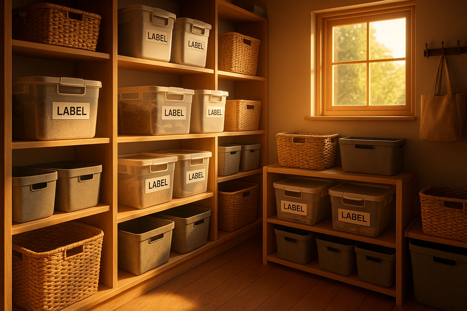 Cinematic 3D image of a modern organized storage room with labeled boxes, woven baskets, and warm natural light.