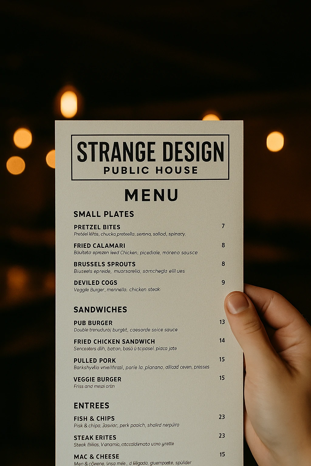 A person holding the Strange Design Public House printed menu with blurred pub lighting in the background.