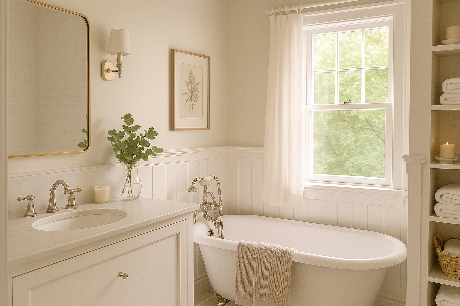 Serene bathroom featuring a freestanding tub, natural light, and minimal décor in soft tones.