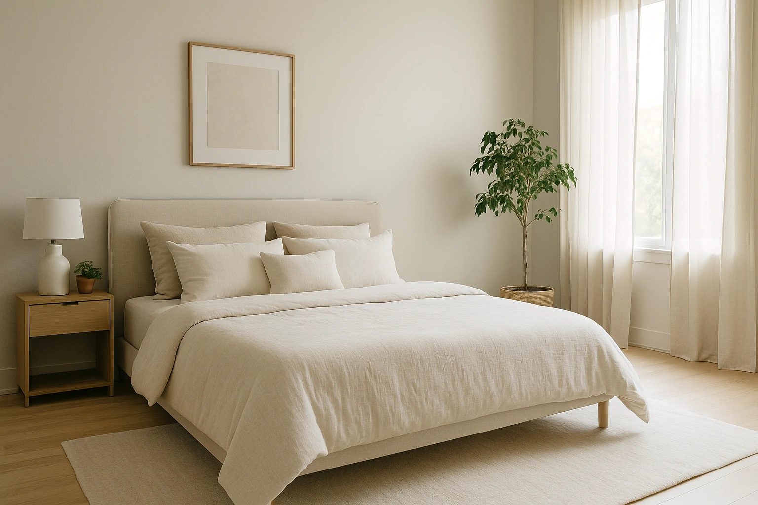 A serene bedroom with soft lighting, cozy bedding, and a calm color palette promoting restful sleep