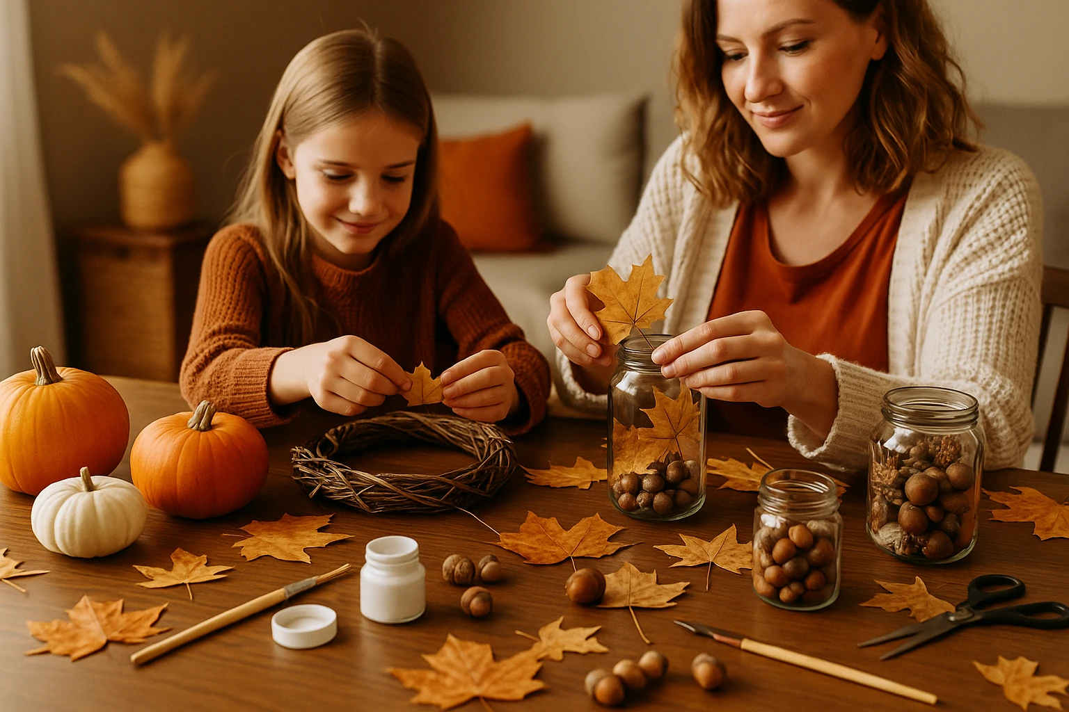 A cozy autumn crafting session with pumpkins, leaves, and acorns on a wooden table