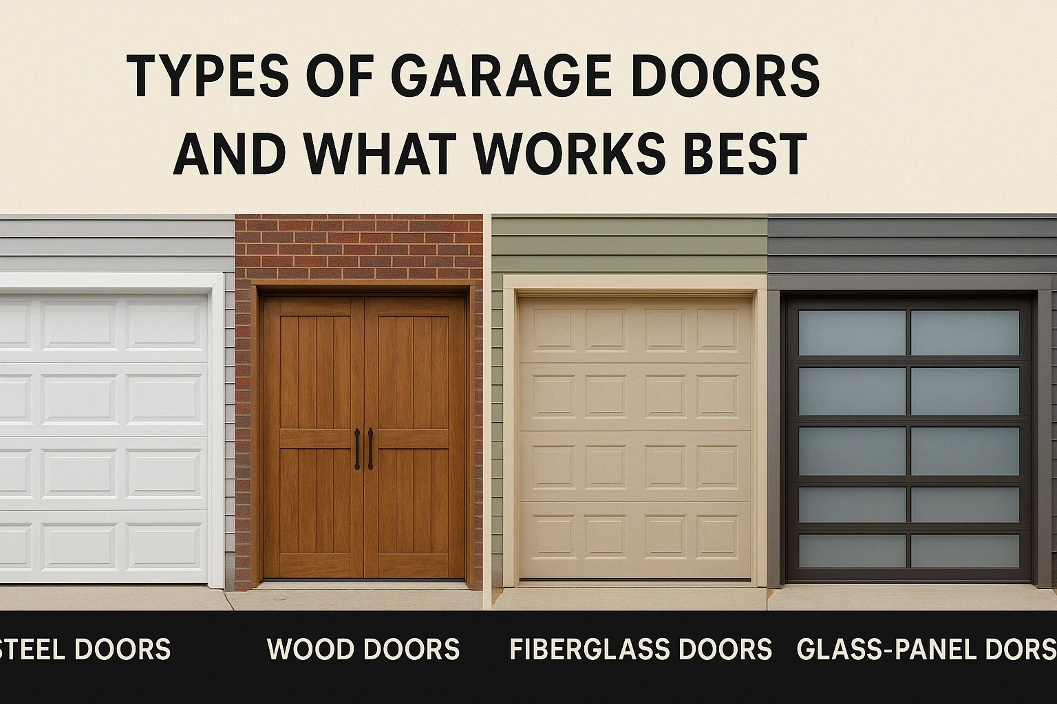 Side-by-side display of steel, wood, fiberglass, and glass-panel garage doors with centered heading