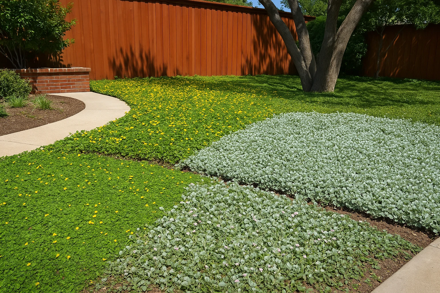 Texas landscape using Horseherb, Silver Ponyfoot, and Frogfruit as low-water ground cover alternatives.