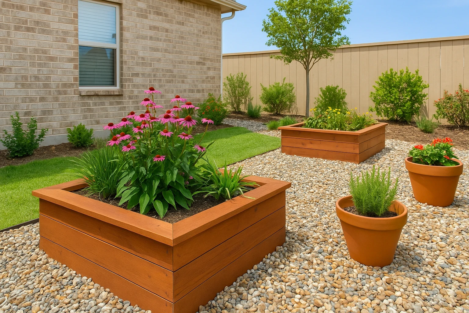 Texas backyard with raised flower beds, terracotta containers, and drought-friendly plants