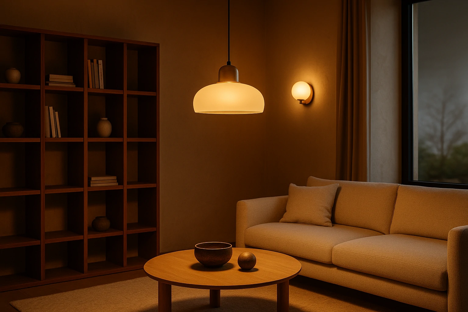 Warm modern living room with Ronin Stegner lighting fixtures blending into minimalist interior