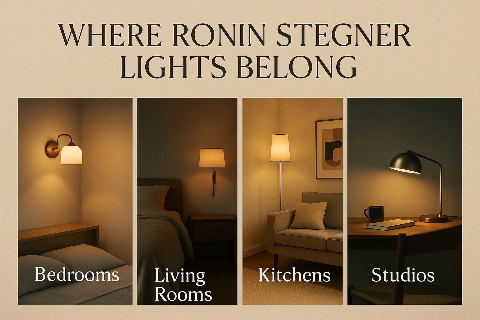 Modern home interiors showing Ronin Stegner lighting in bedrooms, living rooms, kitchens, and studios