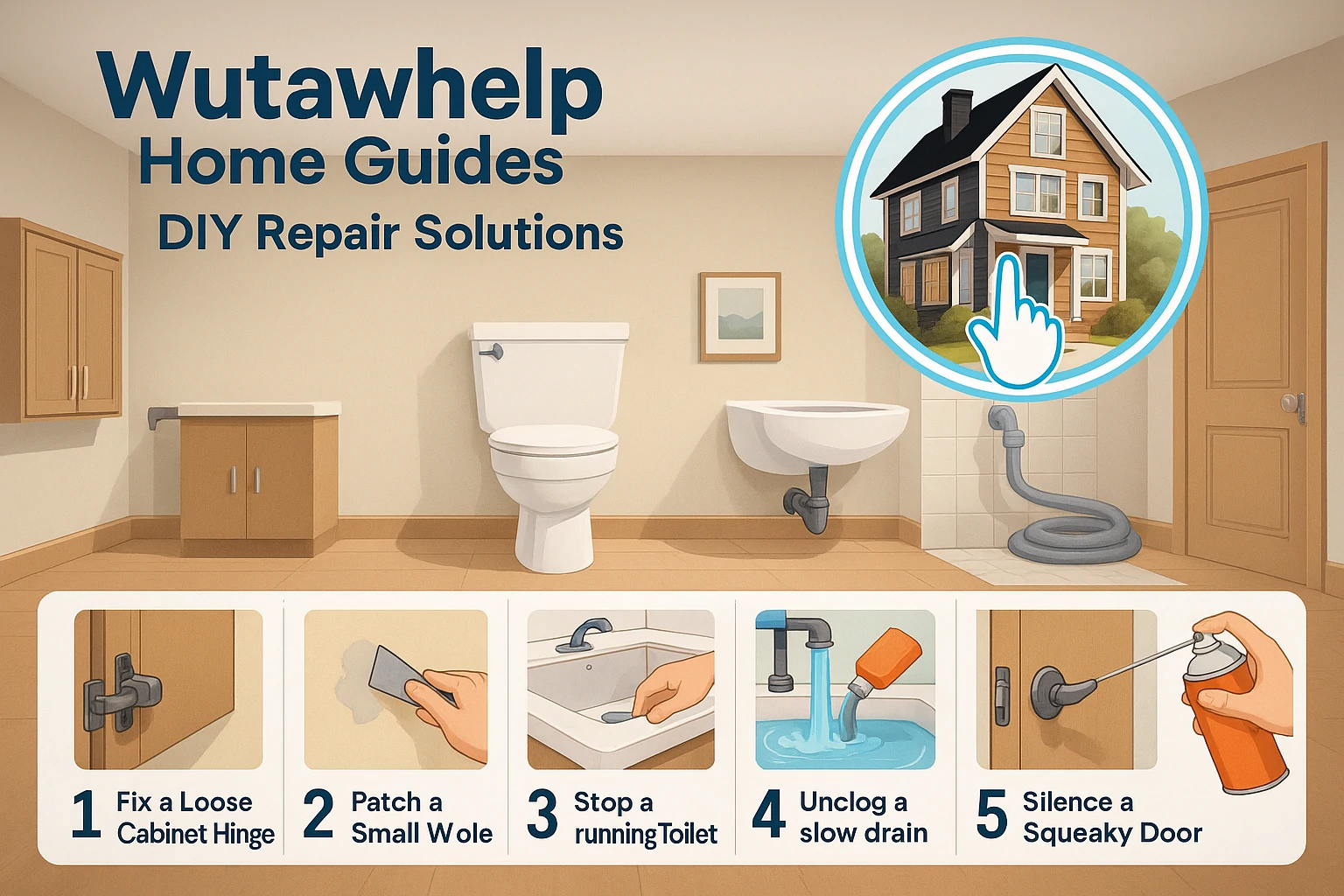 Illustrated image showing five DIY home repair tasks from Wutawhelp Home Guides including fixing a hinge, patching a wall, unclogging a drain, and more.