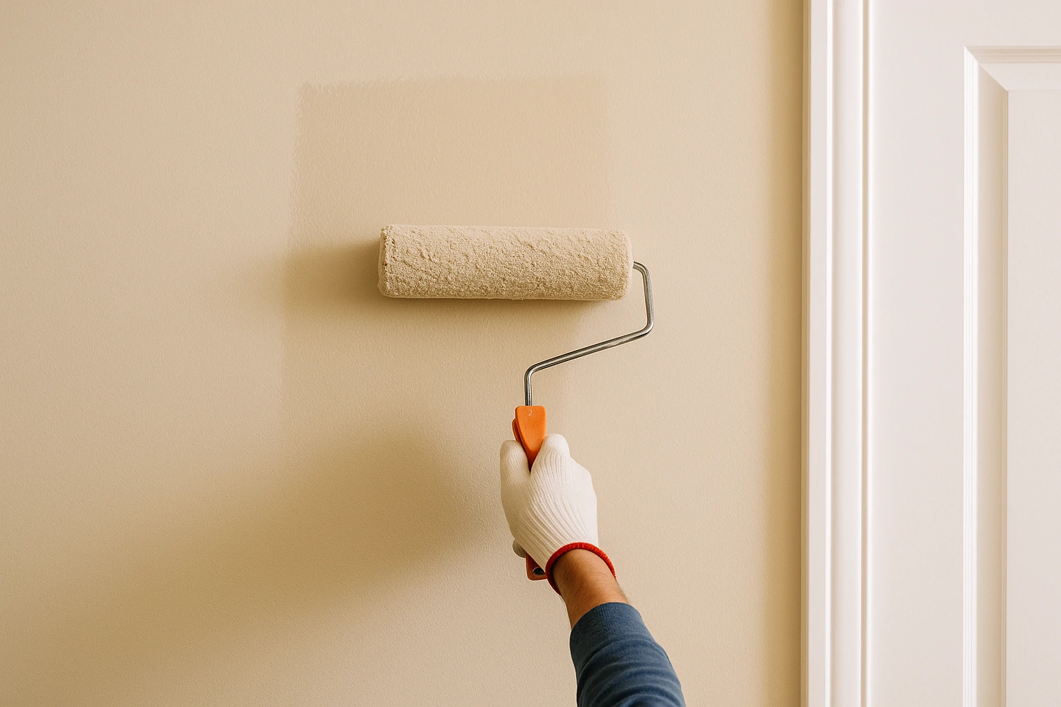 Hand with a roller applying fresh beige paint on a wall beside white trim and door frame.