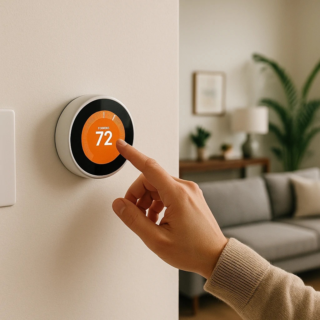 Hand adjusting a smart thermostat in a modern living room with neutral decor and indoor plants.