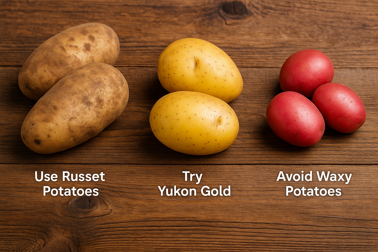 Three types of raw potatoes on a wooden table: Russet potatoes labeled “Use Russet Potatoes,” Yukon Gold labeled “Try Yukon Gold,” and red waxy potatoes labeled “Avoid Waxy Potatoes.”